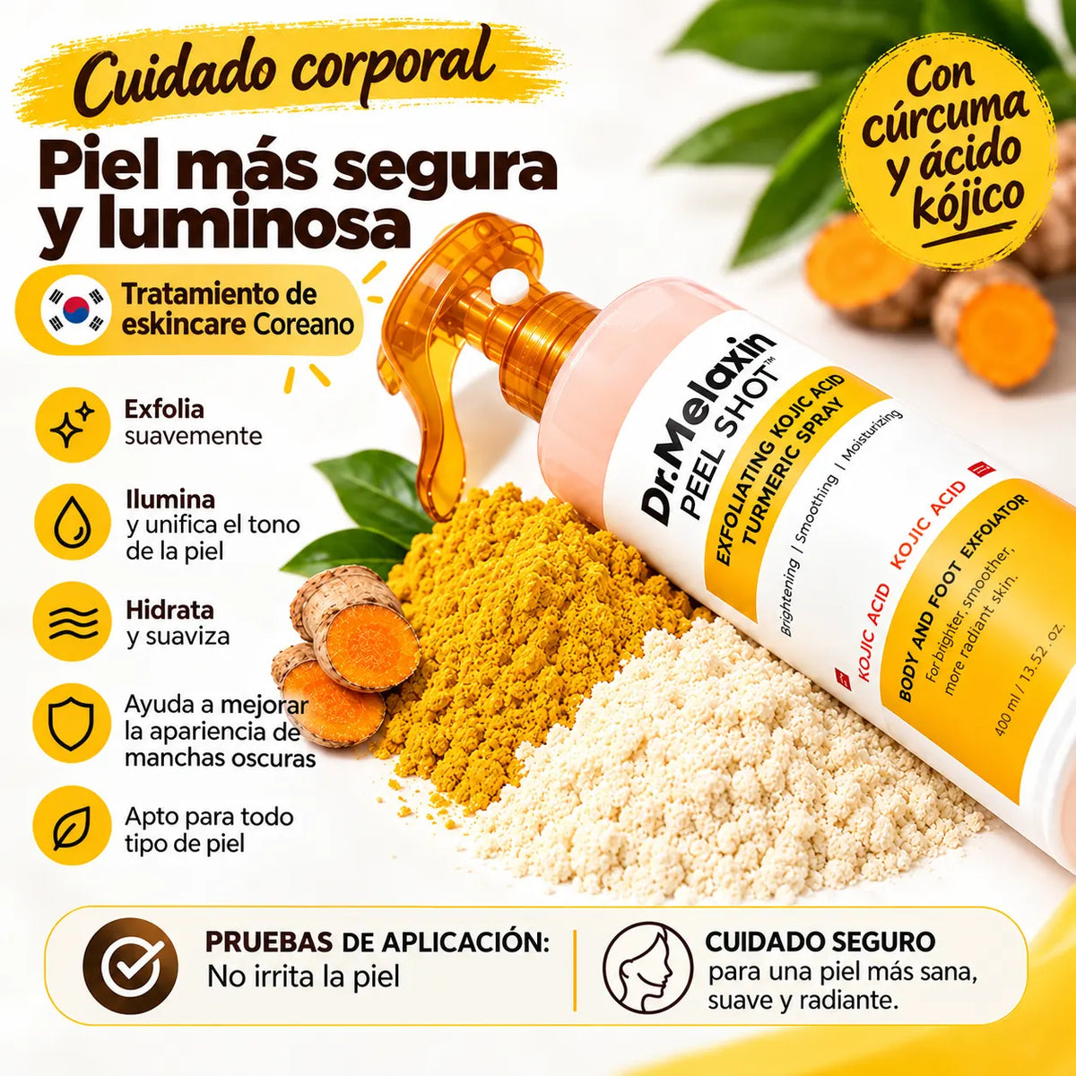 Spray Exfoliante de Ácido Kójico y Cúrcuma, Solución Suave para Exfoliar, Hidratante e Iluminadora para una Piel Suave