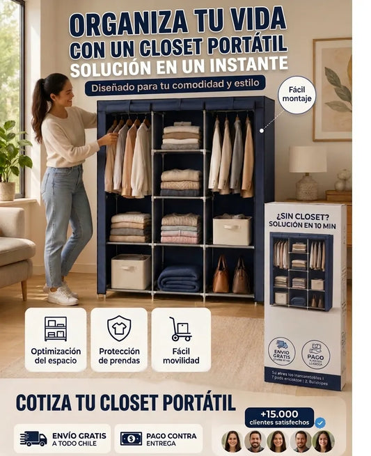 Closet armable de 3 divisiones, 8 compartimientos y forro protector